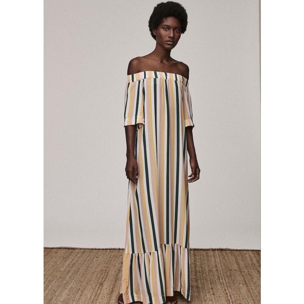 Asceno Dress Silk Crepe de Chine Off Shoulder Multicolor Striped Midi Dressā S